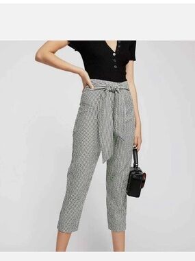 Free People West Side Tie Black White Gingham Check Seersucker Cropped Pants
